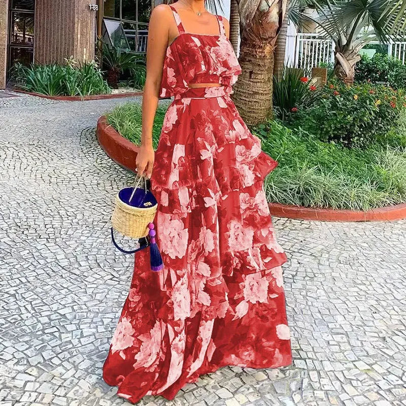 Summer Sexy Sleeveless Suspender Tops And Skirt Suit Fashionable Elegant Ruffled Dress Top Outfits Casual Party Two-piece Sets Red