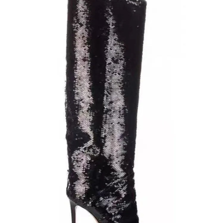 Thigh High Boots Candy Color Mirror Leather Women Knee High Boots High Heels Stilettos Runway Shoes for Women High Heel Boots 05black12cm