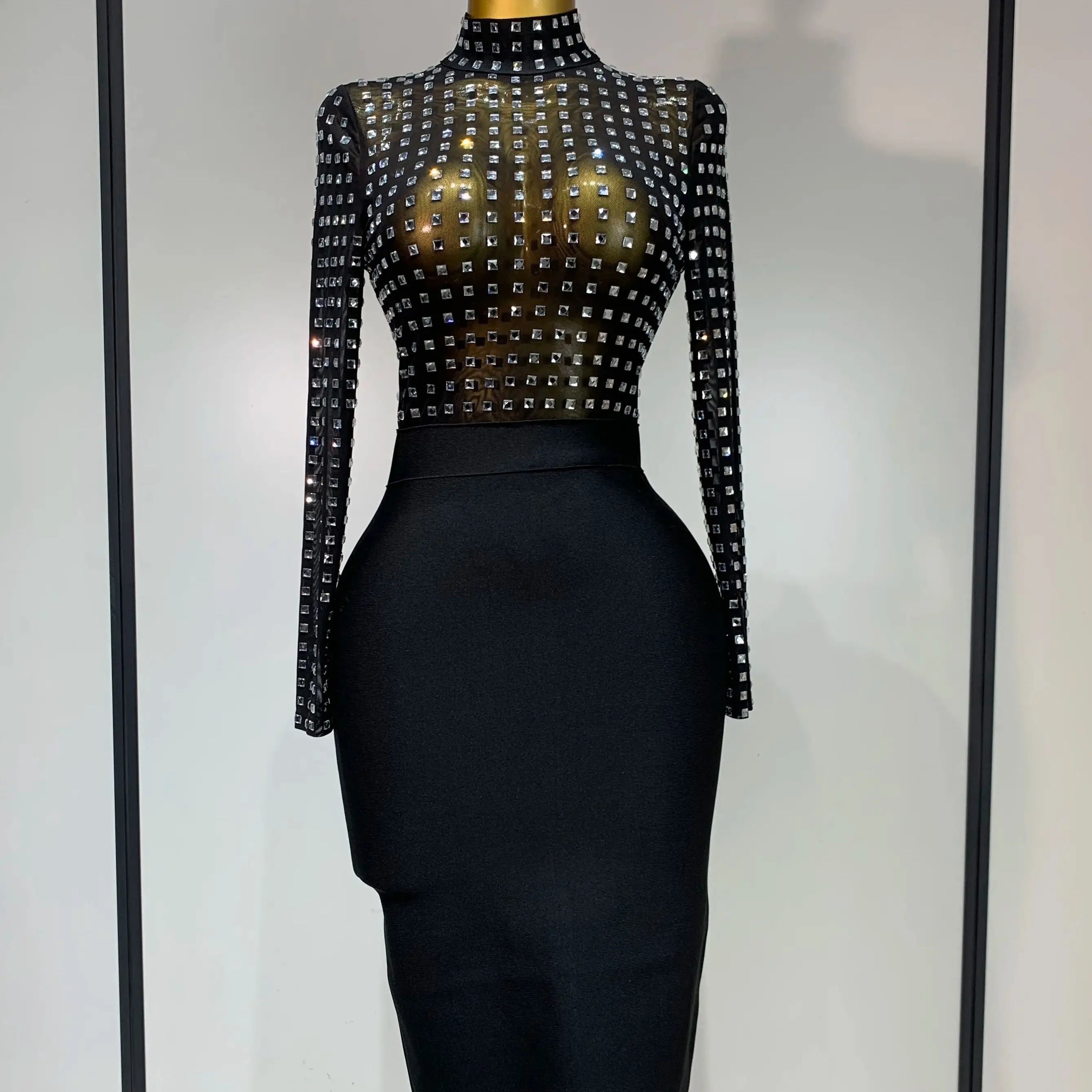 Celebrity Sexy Turtleneck Rhinestones Black Mesh Bodycon Bandage Dress Women 2025 Elegant Evening Club Luxury Birthday Dress