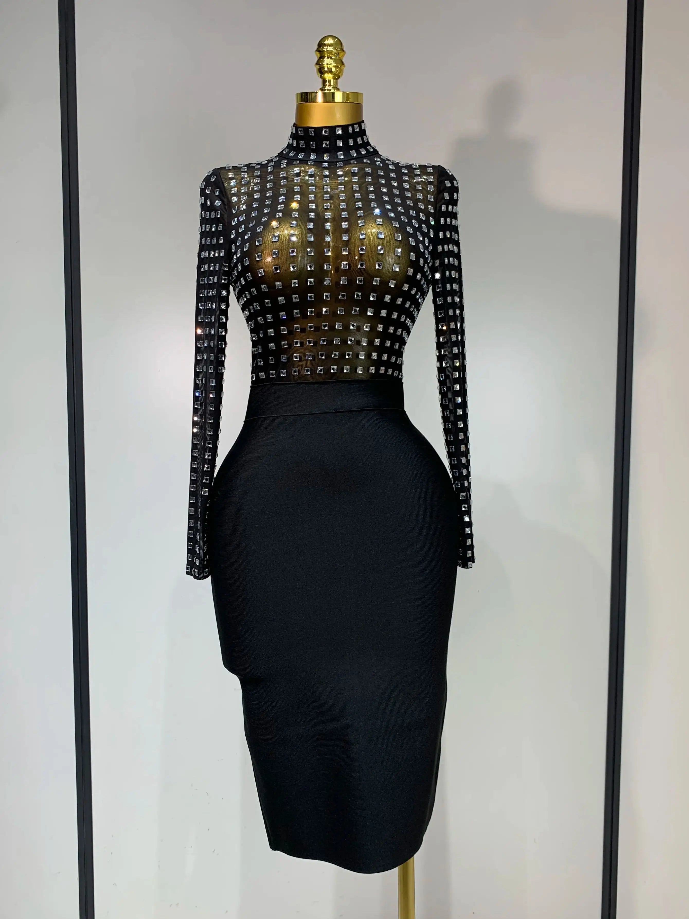 Celebrity Sexy Turtleneck Rhinestones Black Mesh Bodycon Bandage Dress Women 2025 Elegant Evening Club Luxury Birthday Dress
