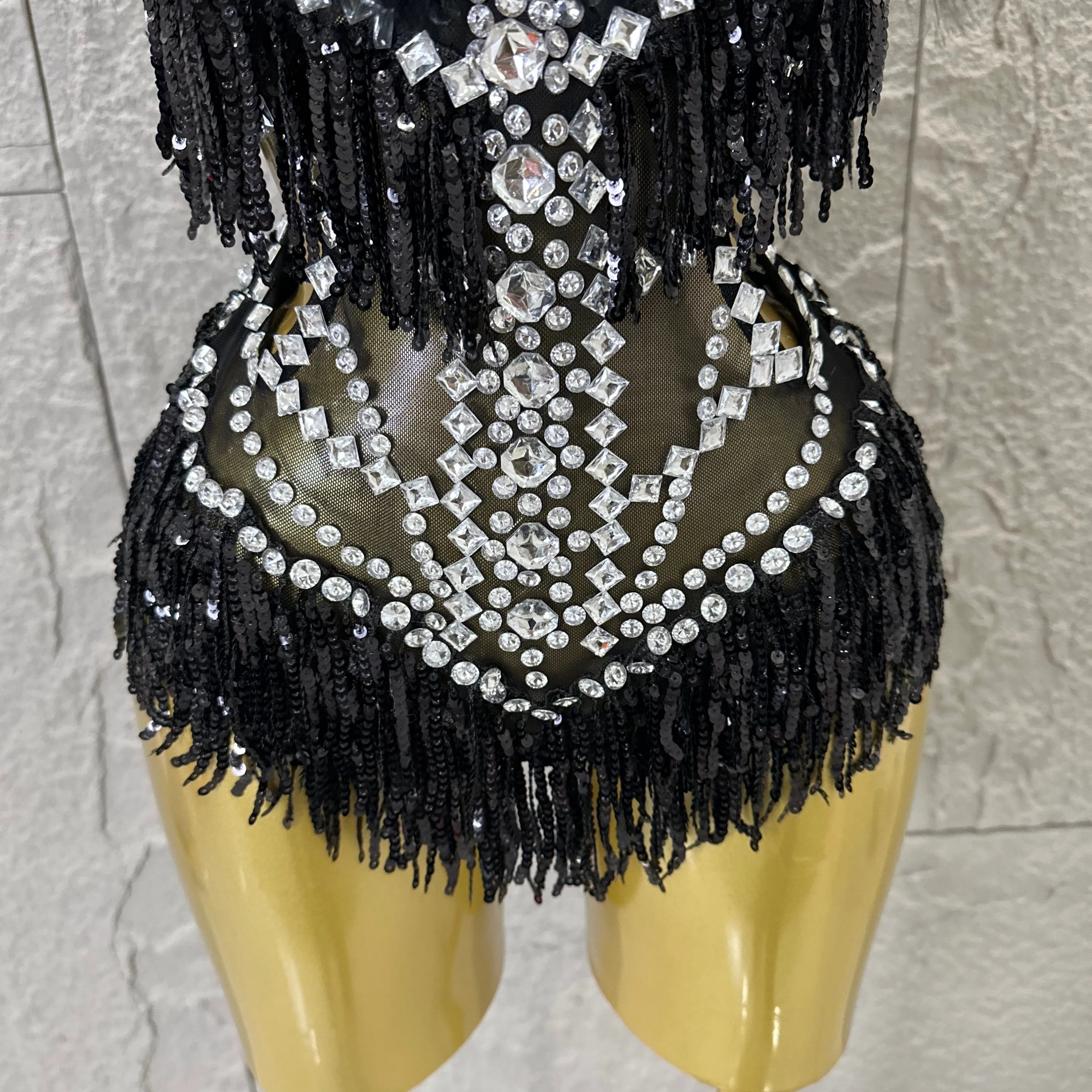 Luxurious Sheer Mesh Bodysuit Women Sexy Crystal Embellished Feather Fringe Trim Spaghetti Strap Outfit Stage Performance Outfit