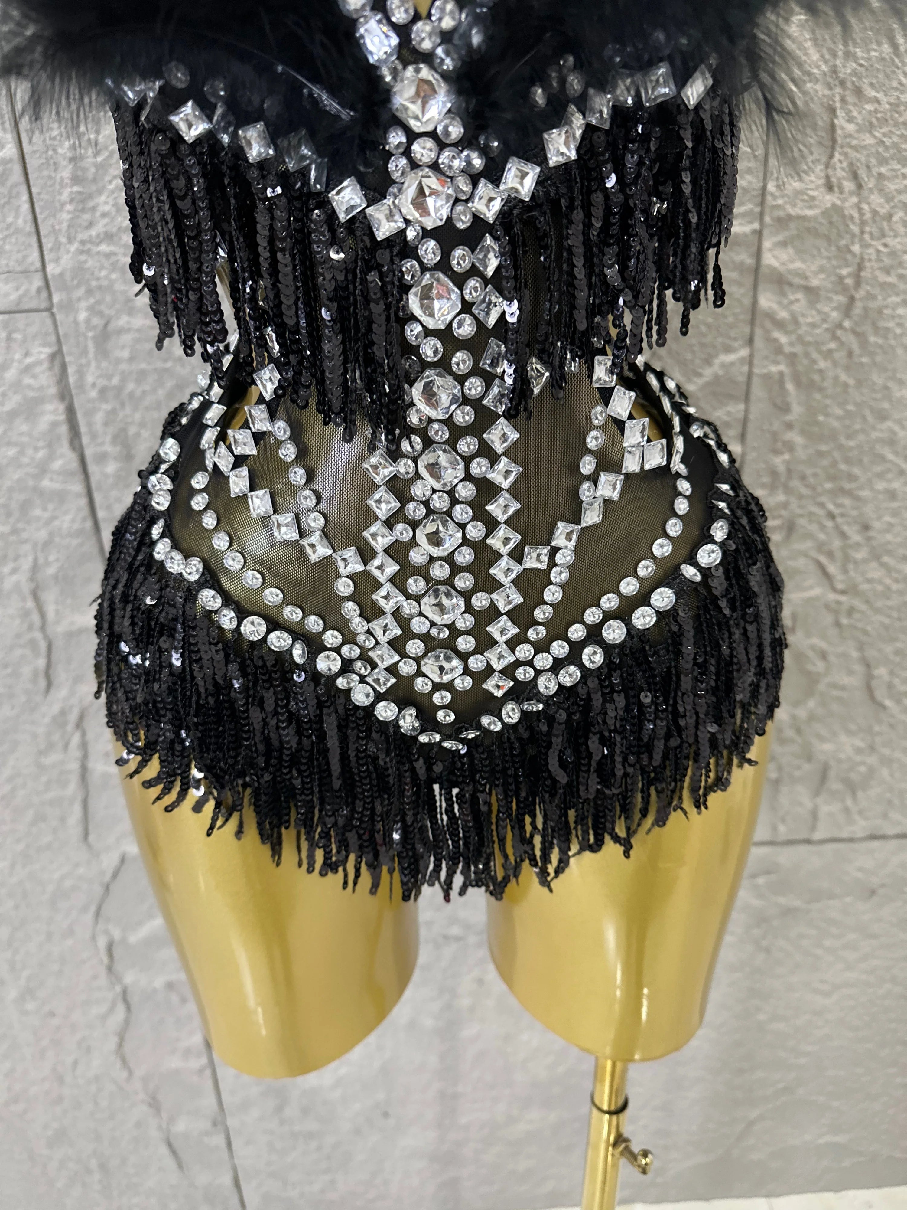 Luxurious Sheer Mesh Bodysuit Women Sexy Crystal Embellished Feather Fringe Trim Spaghetti Strap Outfit Stage Performance Outfit