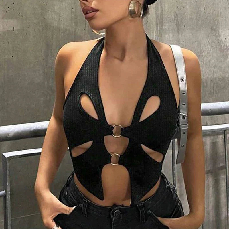 Sexy Black Halter Women's Y2k Crop Tops Sleeveless Hollowing Out Backless Fashion Female New Summer Grunge Slim Tank Tops 6043