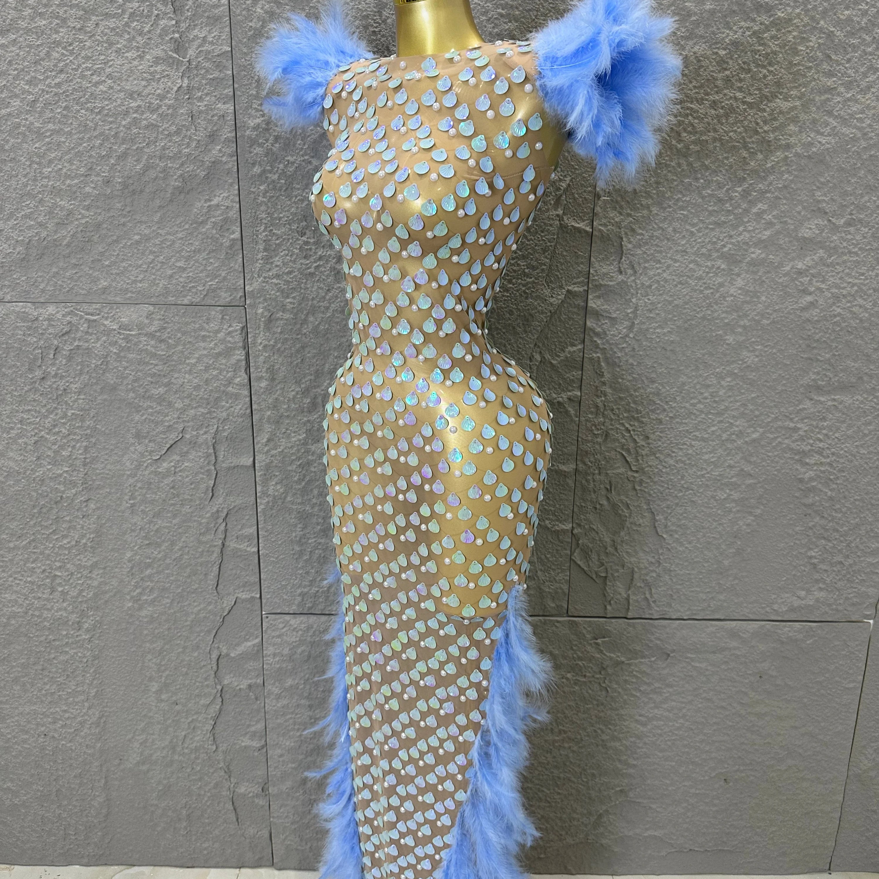 Women Blue Feather Trim Teardrop Sequin Embellished Bodycon Stage Performance Gown Nude Sheer Mesh Maxi Dress