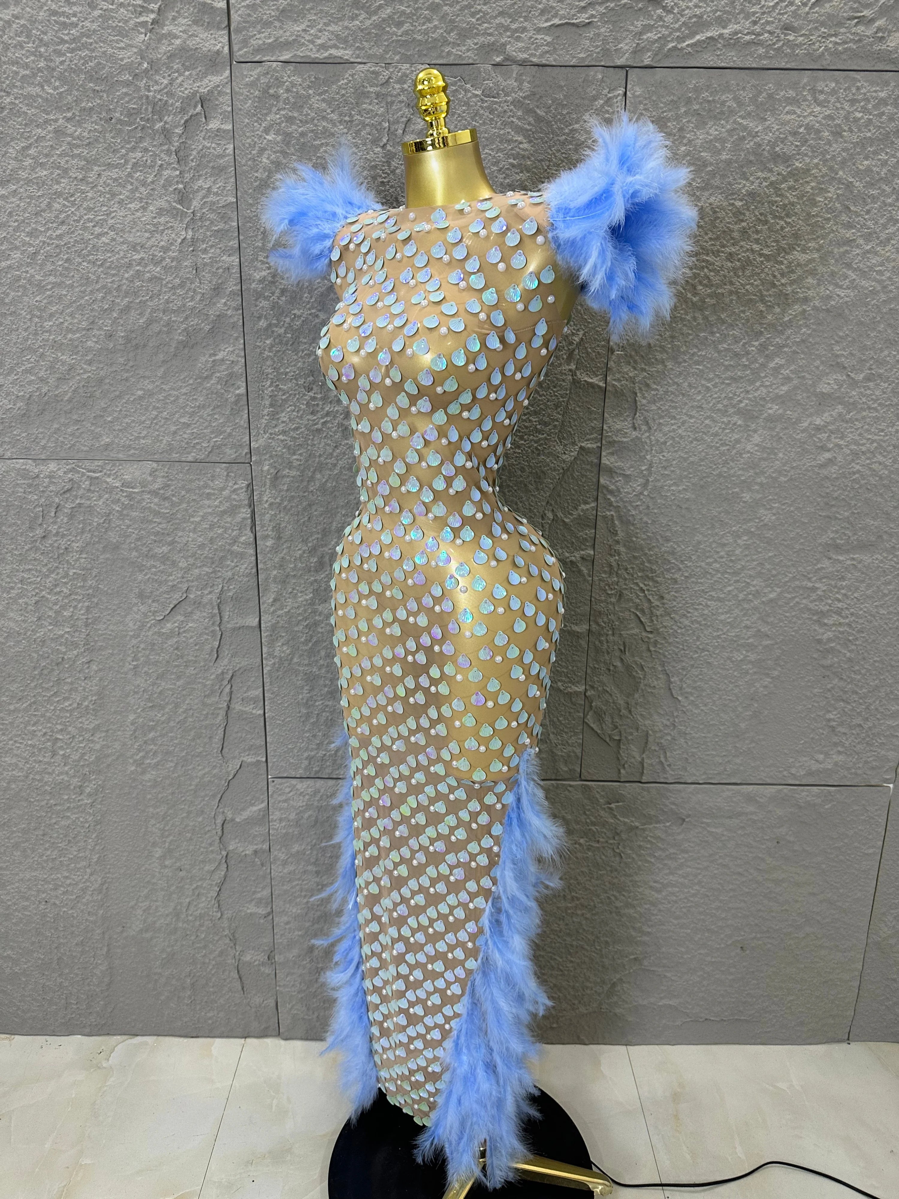 Women Blue Feather Trim Teardrop Sequin Embellished Bodycon Stage Performance Gown Nude Sheer Mesh Maxi Dress