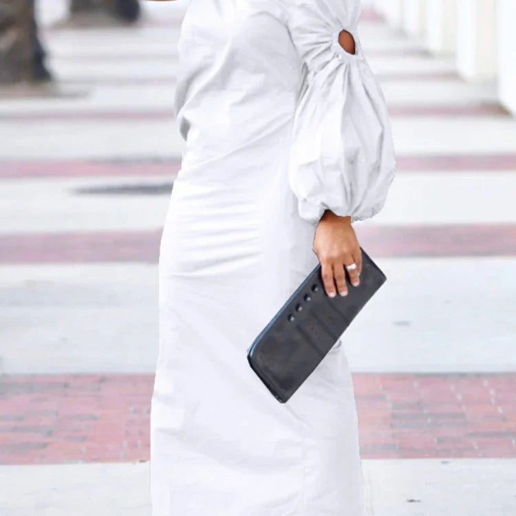 Women Cutout One Long Sleeve Ruched Side Split Maxi Bodycon Midi Dress 2023 Winter Vintage Sexy Party Dresses Vestidos White