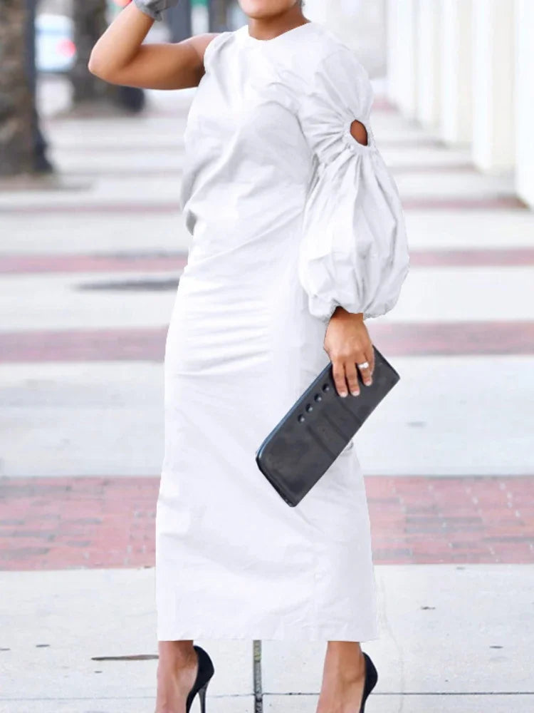 Women Cutout One Long Sleeve Ruched Side Split Maxi Bodycon Midi Dress 2023 Winter Vintage Sexy Party Dresses Vestidos White