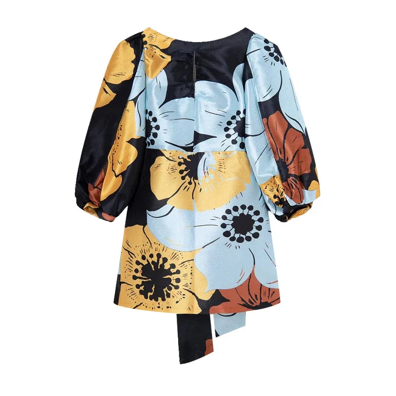 Elegant Backless Floral Mini Dress Summer Women Long Lantern Sleeve Beach Dresses Female Chic O-Neck Hollow Party Vestidos Floral