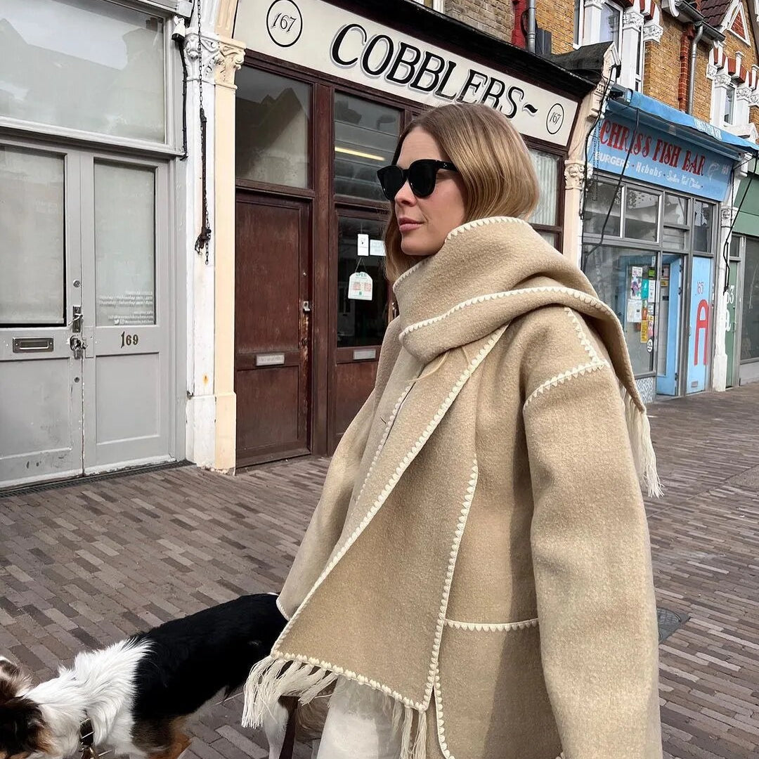 Women Woolen Coats with Tassel Scarf Autumn Winter Long Sleeve Single Breasted Warm Jackets Embroidery Pocket High Street Tops