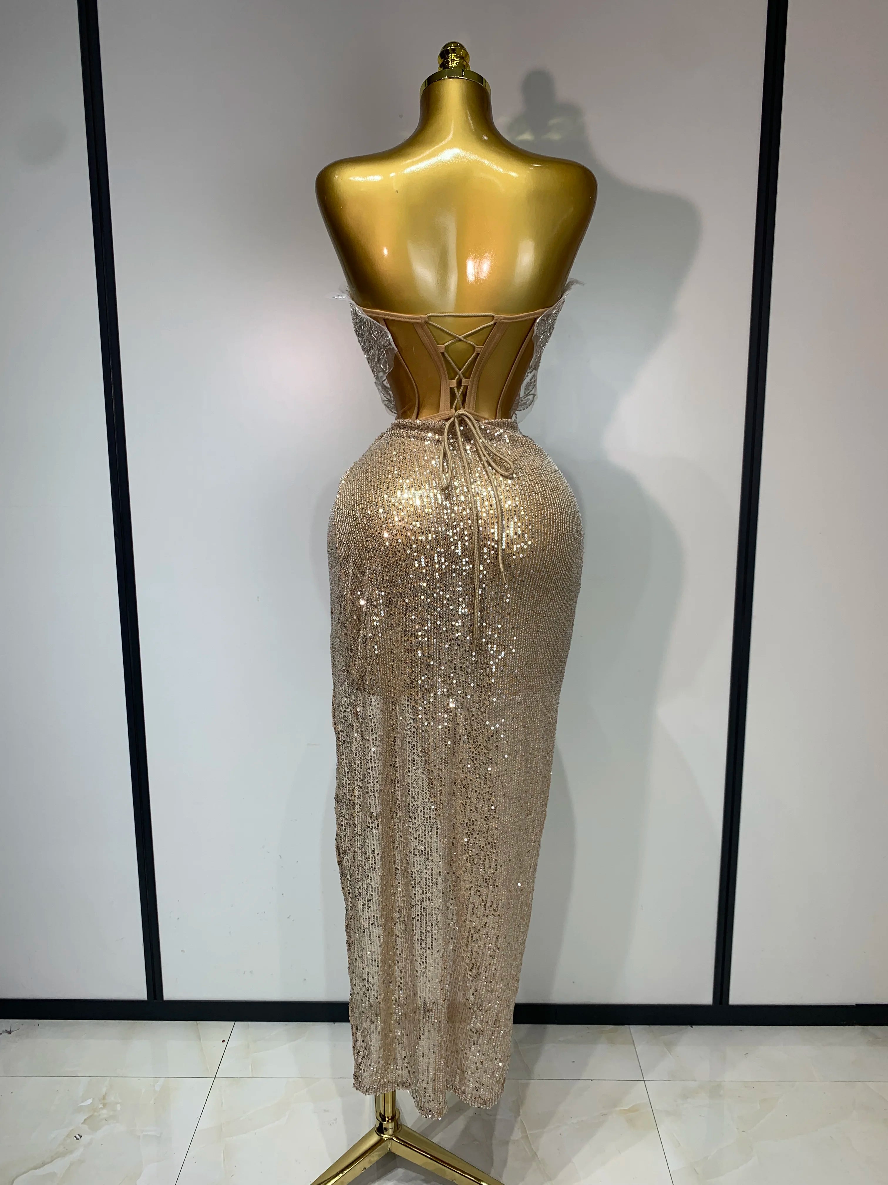 Shinning Beading Sequins Women Sexy Strapless Bodycon Two Pieces Set Celebrate Nightclub Party Luxury Birthday Stage Outfit