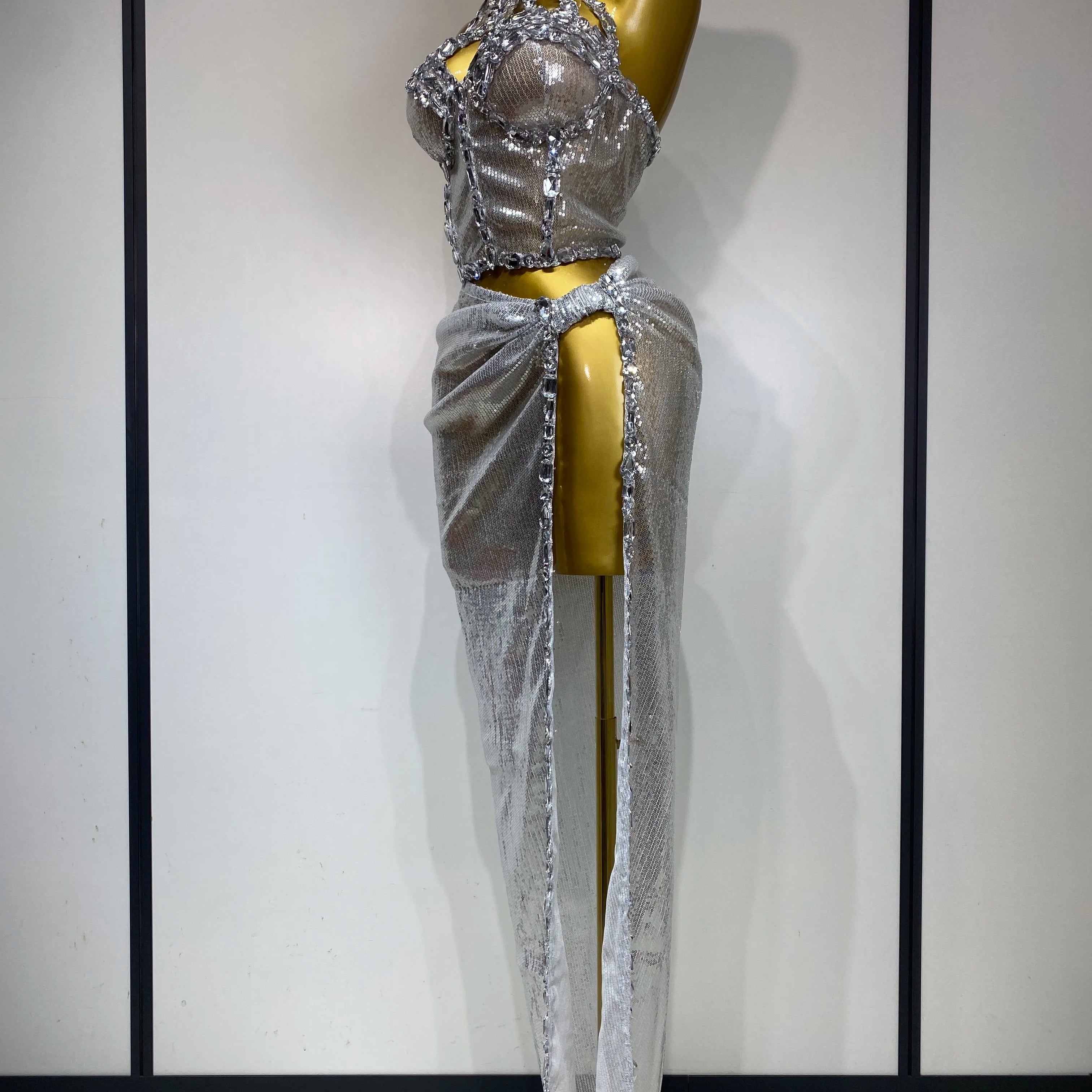 Women Sparkly 2025 Silver Rhinestones Top Long Skirt Two Pieces Set Singer Dancer Performance Costume Nightclub Stage Wear