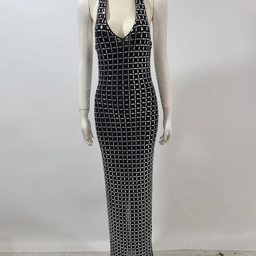 Super Sparkling Diamonds Sexy See Through Mesh V-Neck Sheath Ankel Length Dress Fashion Woman Party Dress Birthday Party Outfit