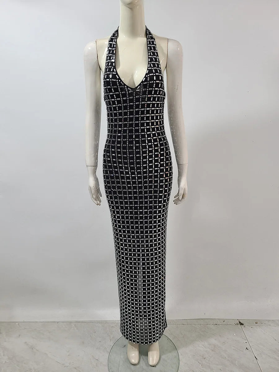 Super Sparkling Diamonds Sexy See Through Mesh V-Neck Sheath Ankel Length Dress Fashion Woman Party Dress Birthday Party Outfit