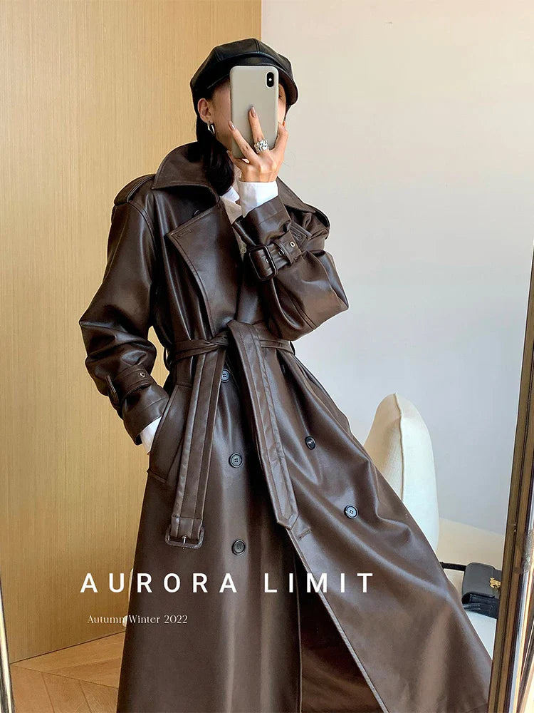 Spring Autumn Long Loose Brown Pu Leather Trench Coat for Women Belt Double Breasted American and European Fashion 2023 Brown