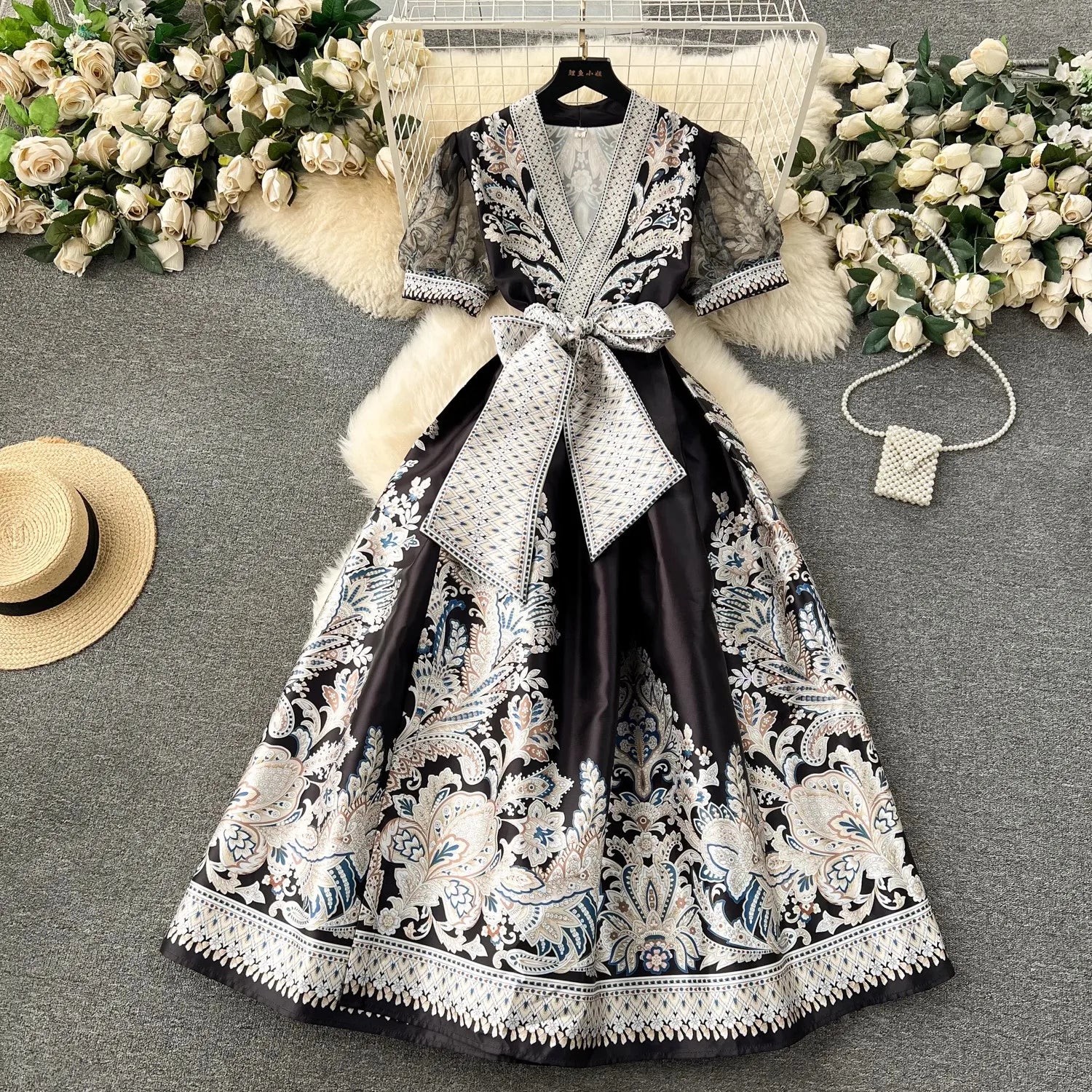 Summer Bohemian Paisley Print Long Dress Women V-Neck Short Puff Sleeve Vintage Print Bandage Lace Up Robe Vestidos Clothes 6237 black