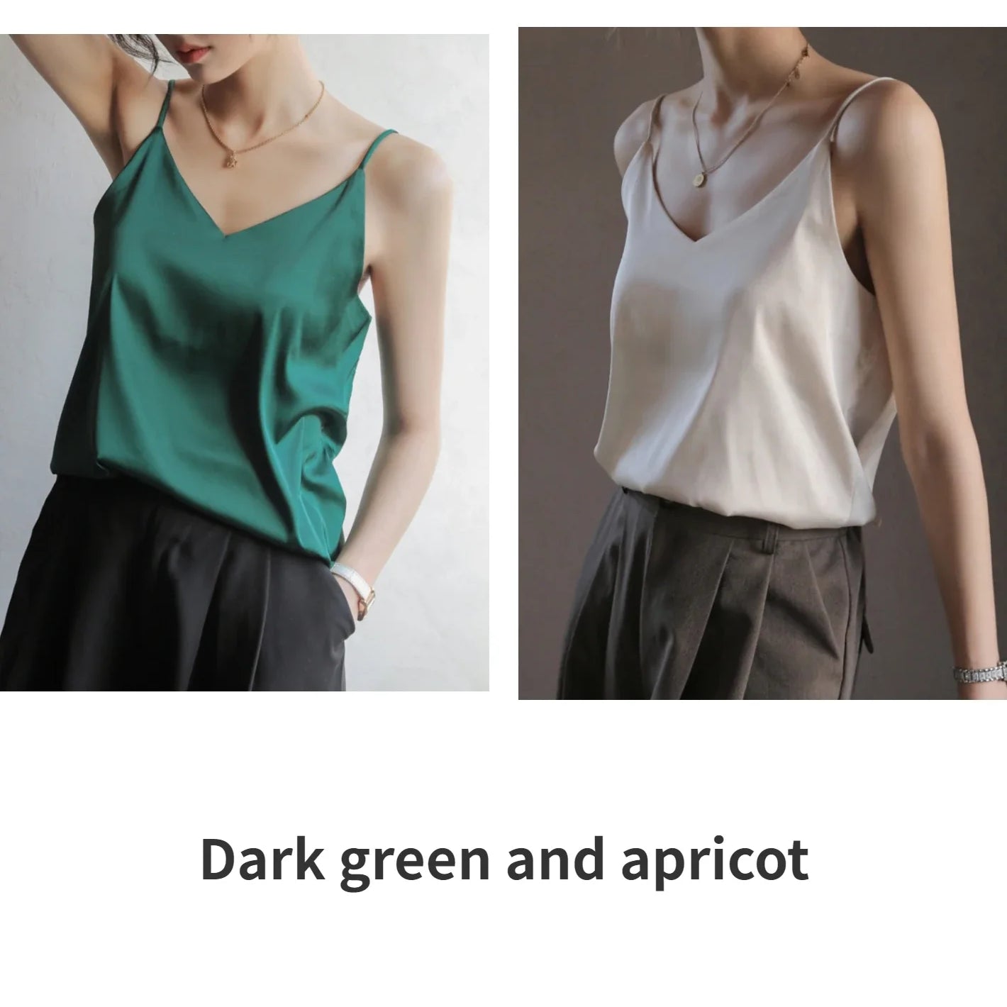 Grey Camisoles for Women Acetate SATIN Loose Summer Spaghetti Strap Tank Top Solid V-neck Fashion Sexy Backless Tanks & Camis Dark green apricot