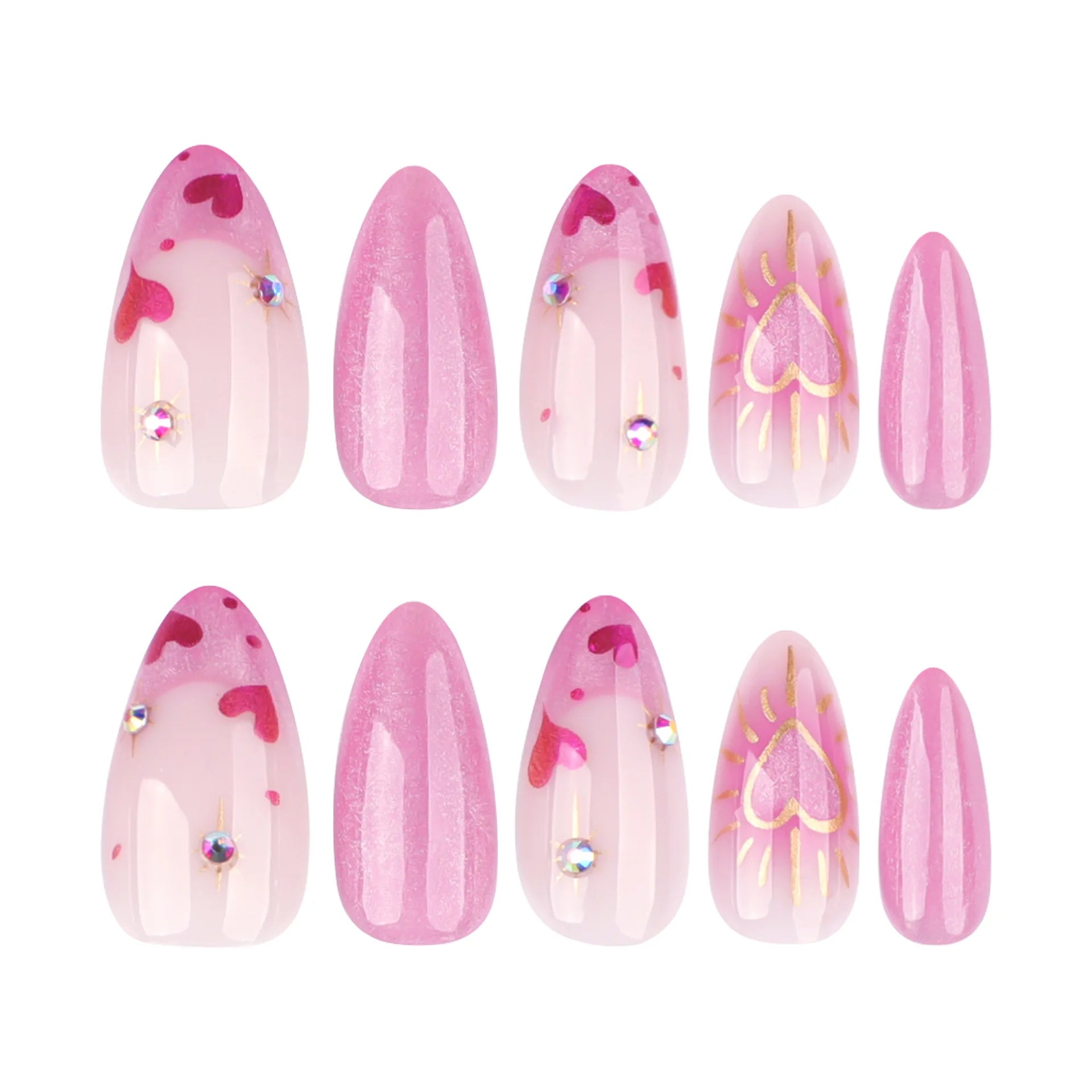 24pcs Cute Love Press on Nails Shiny French Pink Cat Eye Fake Nail Tips Full Cover Wearable Korean Style Almond False Nails