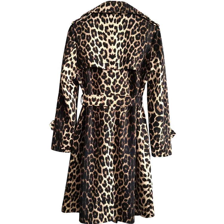 Spring Autumn Long Stylish Leopard Print Trench Coat for Women Belt Double Breasted Casual Luxury Designer Clothes 2023
