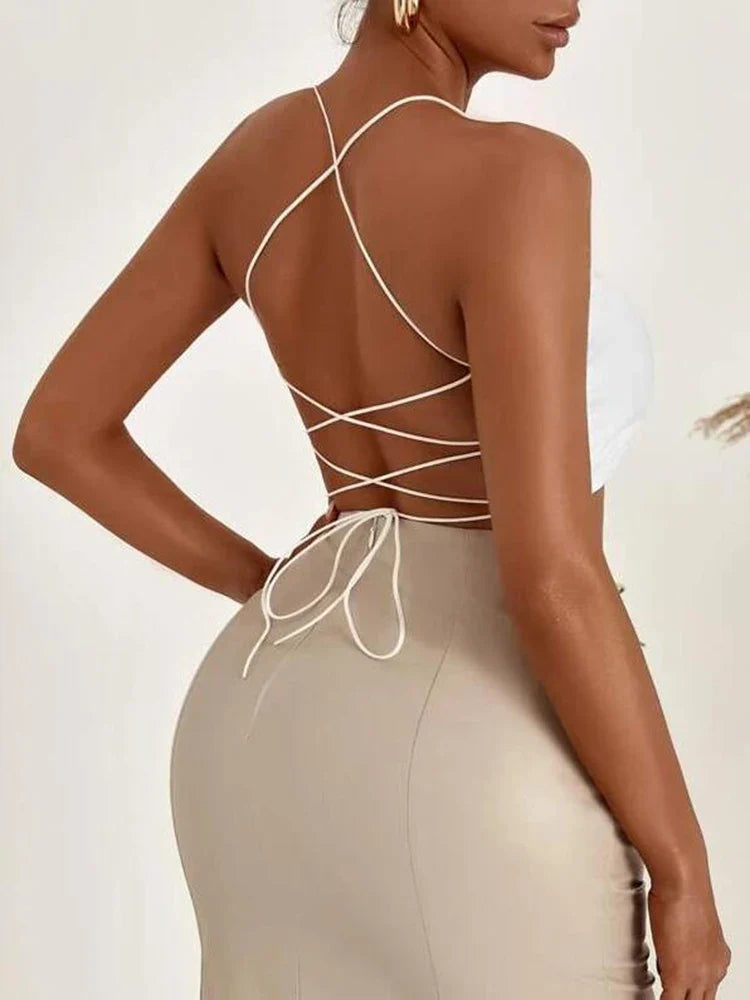 Summer New SXY Backless Lace Up Crop Cami Top WHITE