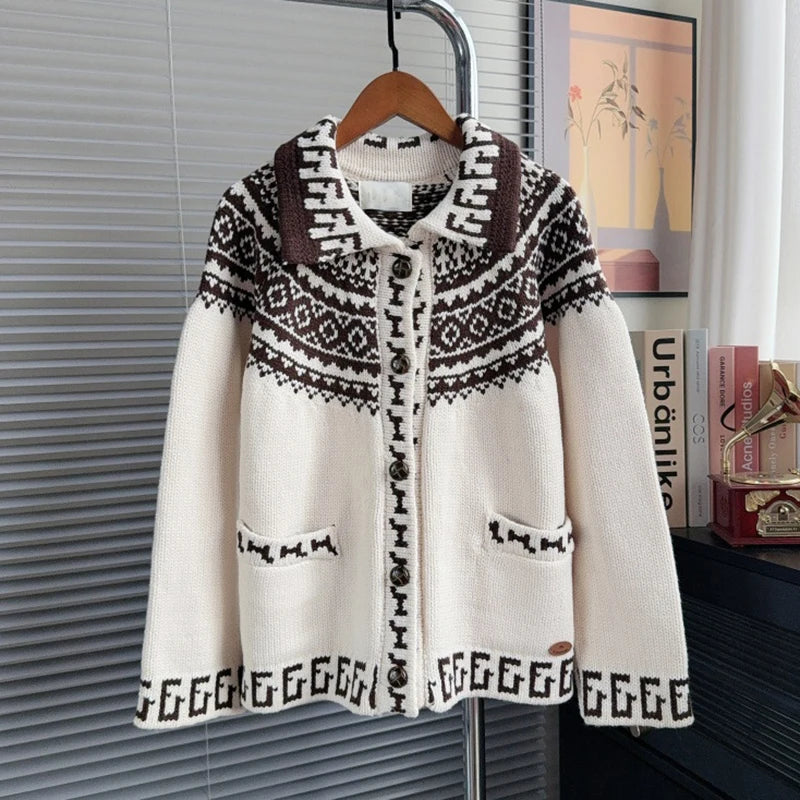 Autumn Winter New Fashion Contrast Color Jacquard Lapel Sweater Coat For Women New Loose Knitted Cardigan 11A07545 Coffee One Size