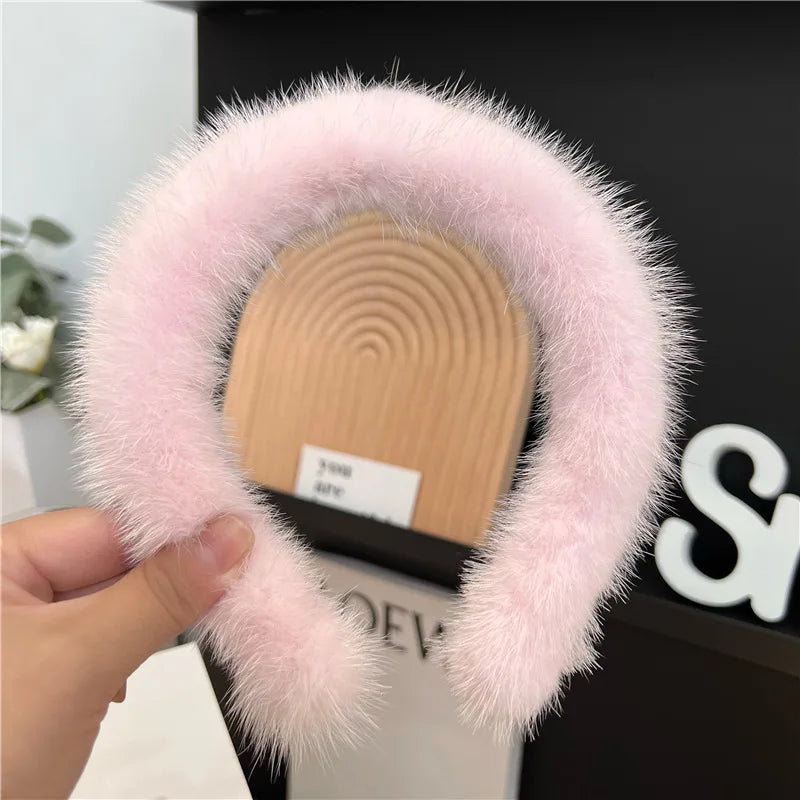 Hot Sale Women Luxury winter 100% Real Mink Fur Headbands Real Fur Hair Band Lady Fashion Hair Hoop Furry Gift Pink