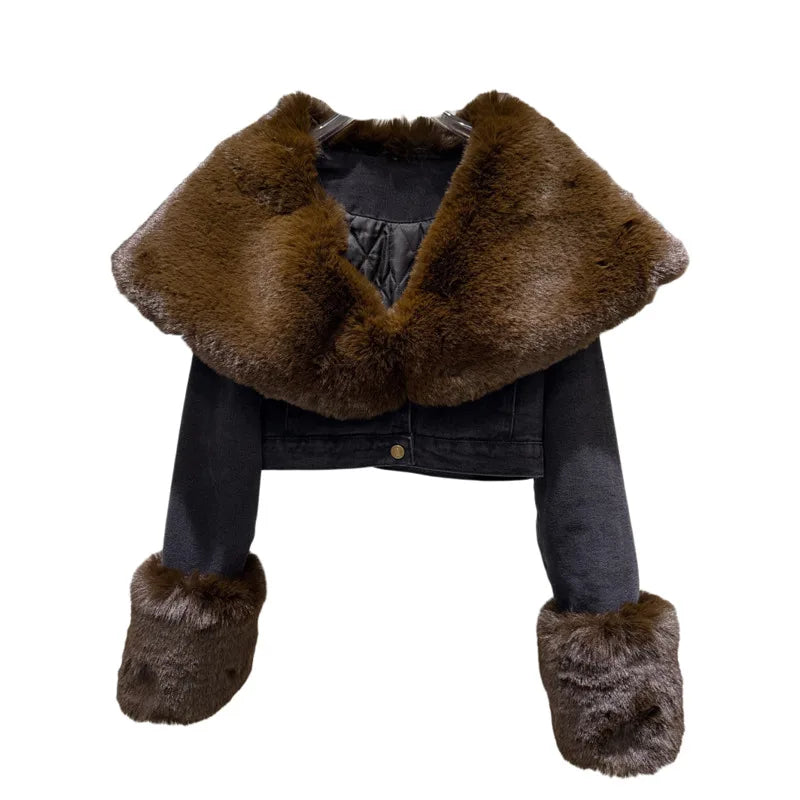 Winter New Fashion Street Style Sailor Collar Faux Fur Quilted Denim Short Coat For Women High Waist Jacket 11A07450