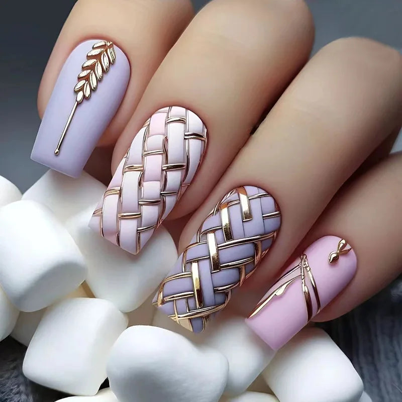 24 pieces long square French simple long wheat check nails +1 nail glue +1 nail file QHW1541