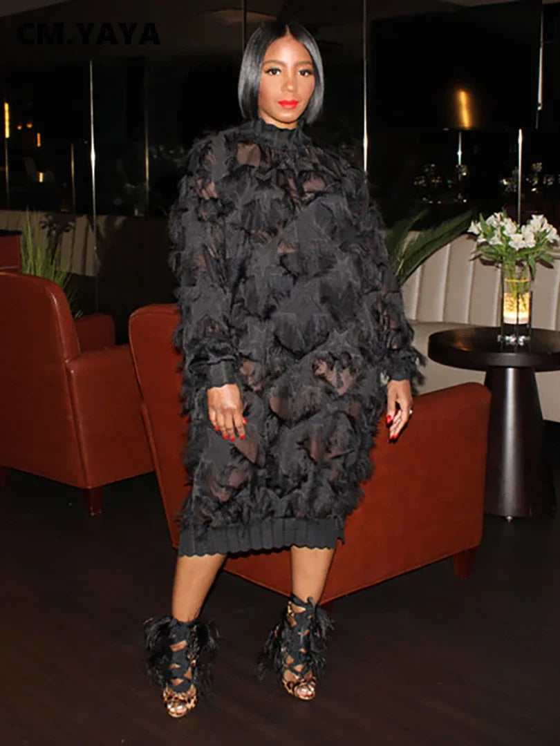 Women Fashion Tassel Long Sleeve Oversized Loose Dresses 2024 Spring Chic Black Pullover Dress Vestidos