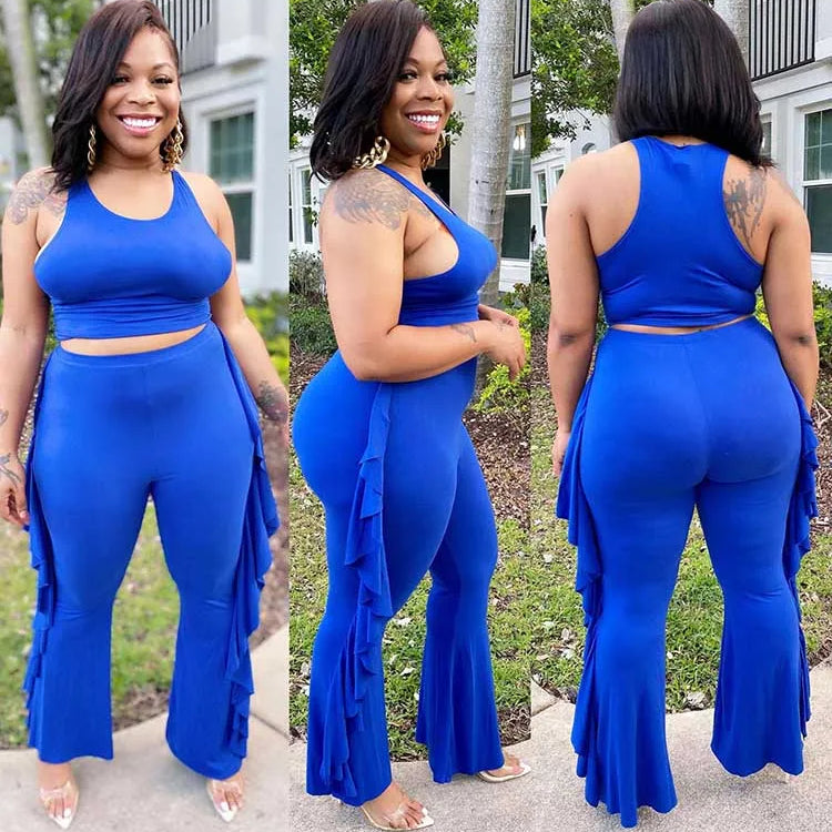 Style Plus Size Women Clothing Summer Two-piece Set Solid Color Tank Top Ruffle Pant Set Lady Trendy Suit Wholesale Dropshipping Blue