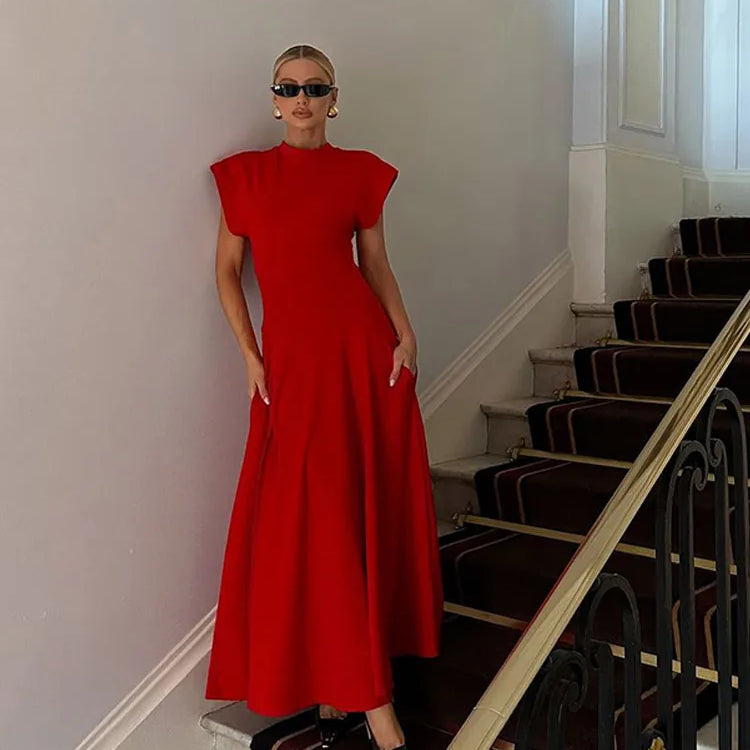 Chic Shoulder Pad Round Neck Solid Maxi Dress Women Elegant Sleeveless A-line Long Dresses 2024 Lady Fashion High Street Robes Red