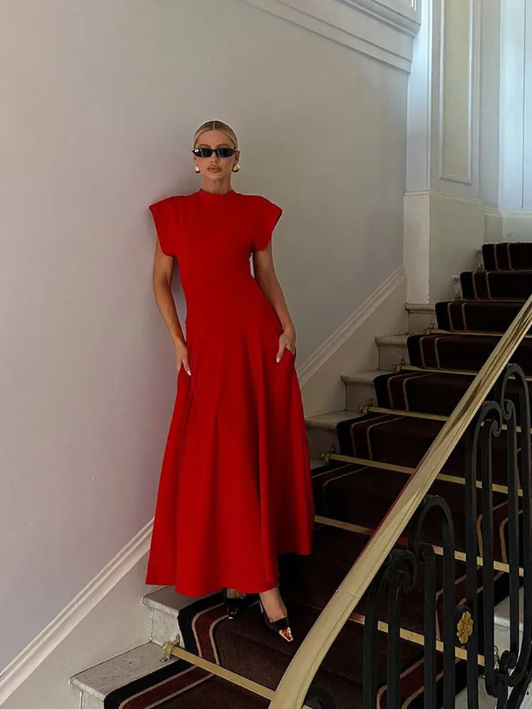 Chic Shoulder Pad Round Neck Solid Maxi Dress Women Elegant Sleeveless A-line Long Dresses 2024 Lady Fashion High Street Robes Red