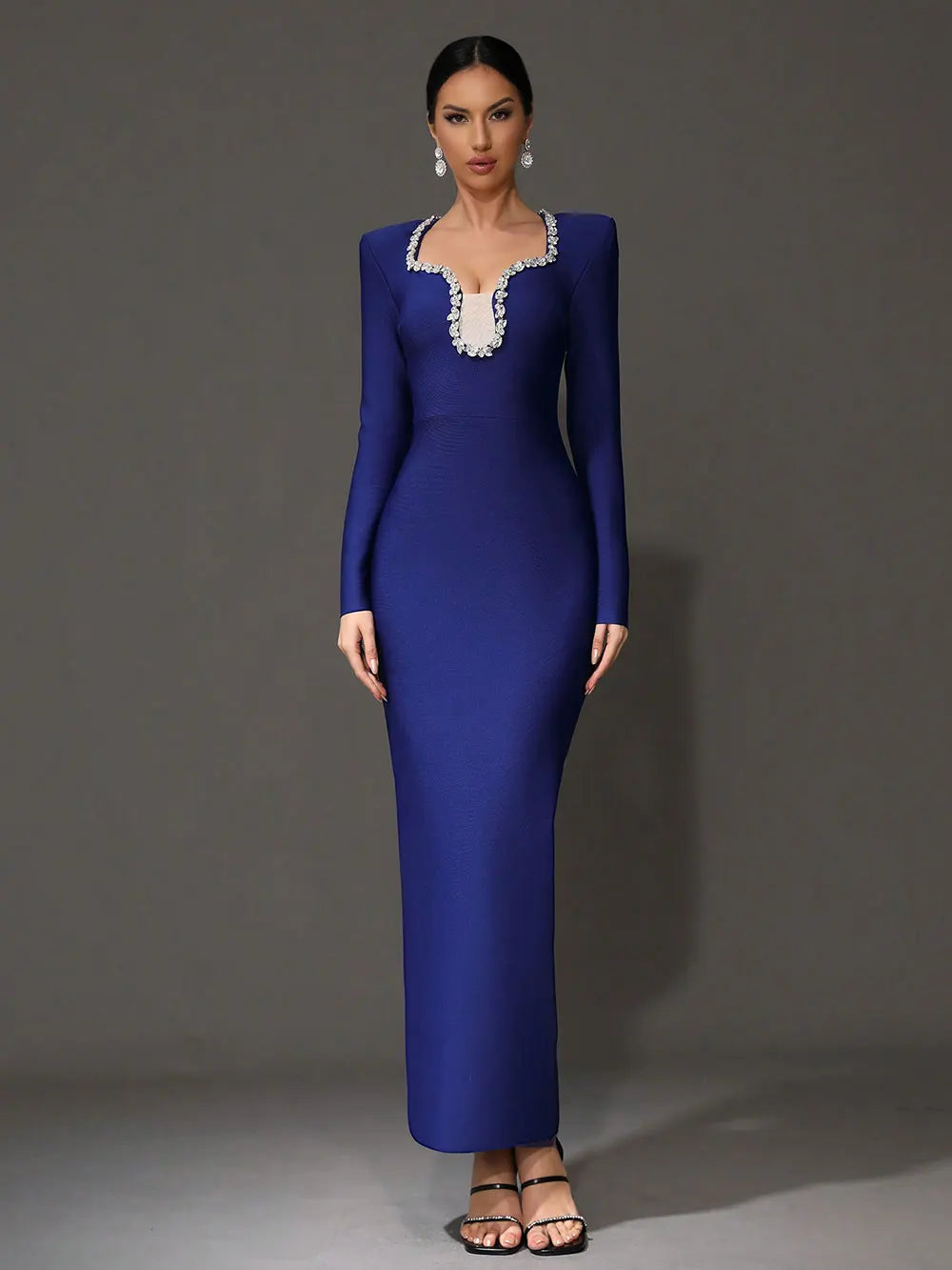 2025 Elegant Women's Light Luxury Nail Diamond Design Bandage Dress U Neck Long Sleeve Bodycon Long Dress Evening Party Vestidos