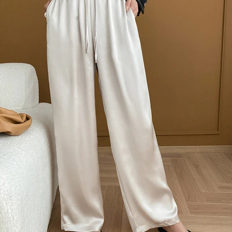 [LANMREM] Stain Drawstring Pants For Women Elastic High Waist Wide Leg Trousers Fashion Clothing Spring New 26D8234 Apricot