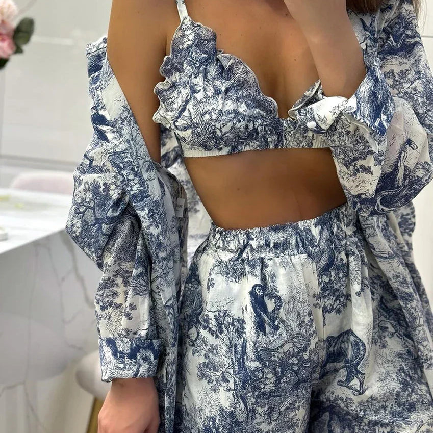 Clacive Fashion Loose Print 3 Piece Sets Women Outfit Elegant Long Sleeve Shirt + Bra With High Waist Shorts Set Streetwear