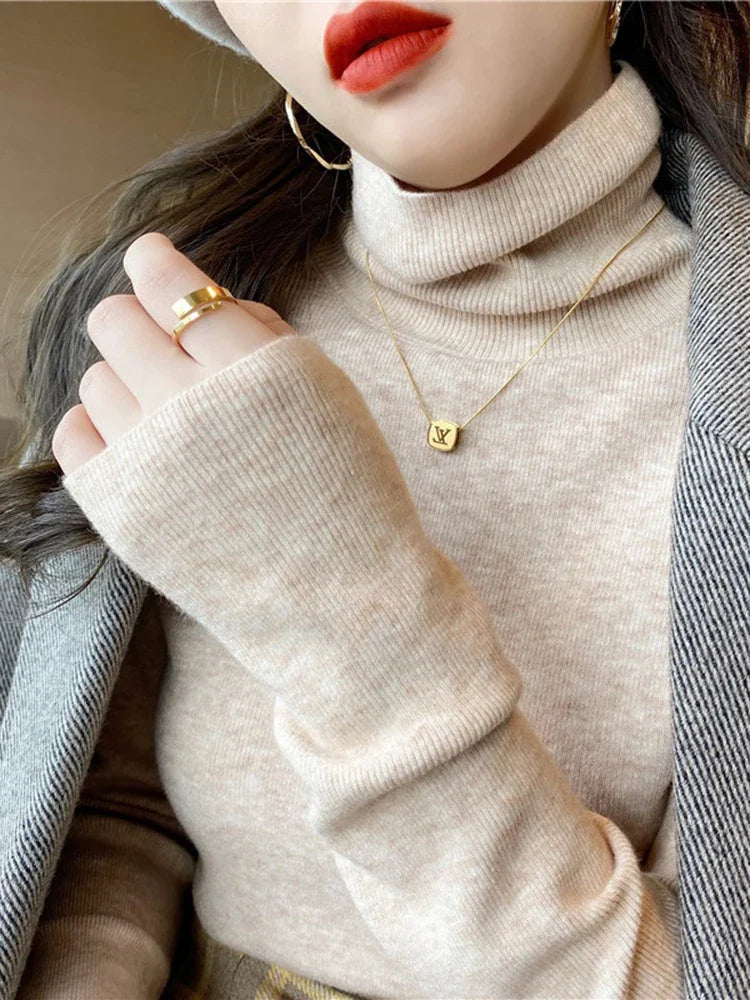 Women Turtleneck Sweaters Casual Soft Long Sleeve Pullovers Elastic Jumpers Knitwear Slim Basic Sweater For Women Autumn Winter APRICOT One Size