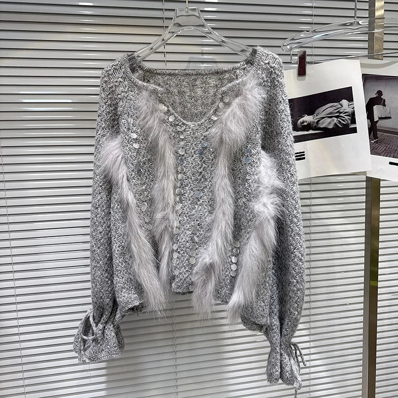 Winter New Fashion Beaded Embroidery Drawstring Sleeve Knitted Sweater For Women Loose Plush Spliced Tops 11A07605 Gray One Size