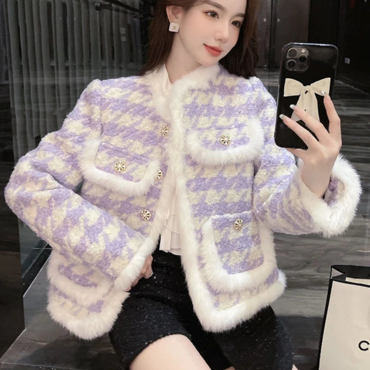 Women's Cotton Short Coat Commuter Style Overshirt Thickened Jacket Autumn Winter Clothes Imitation Mink Fur Coat Checkered Suit