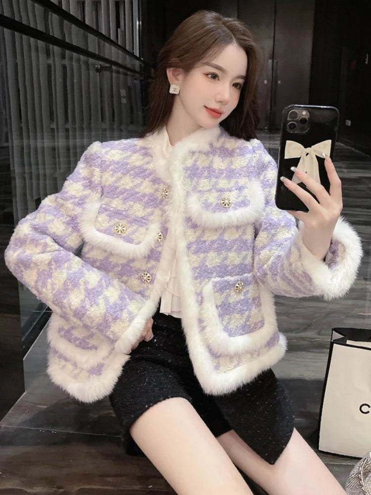 Women's Cotton Short Coat Commuter Style Overshirt Thickened Jacket Autumn Winter Clothes Imitation Mink Fur Coat Checkered Suit