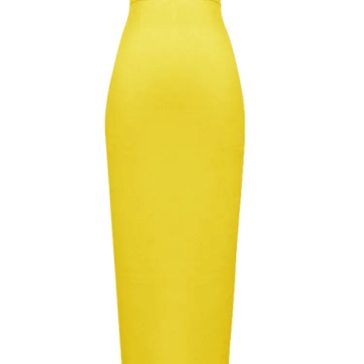 Women Candy Color Sexy Neon Green Pink Orange Yellow Pink Midi Knee Length Bandage Skirt Designer Pencil Skirt Faldas 78cm 666-Yellow