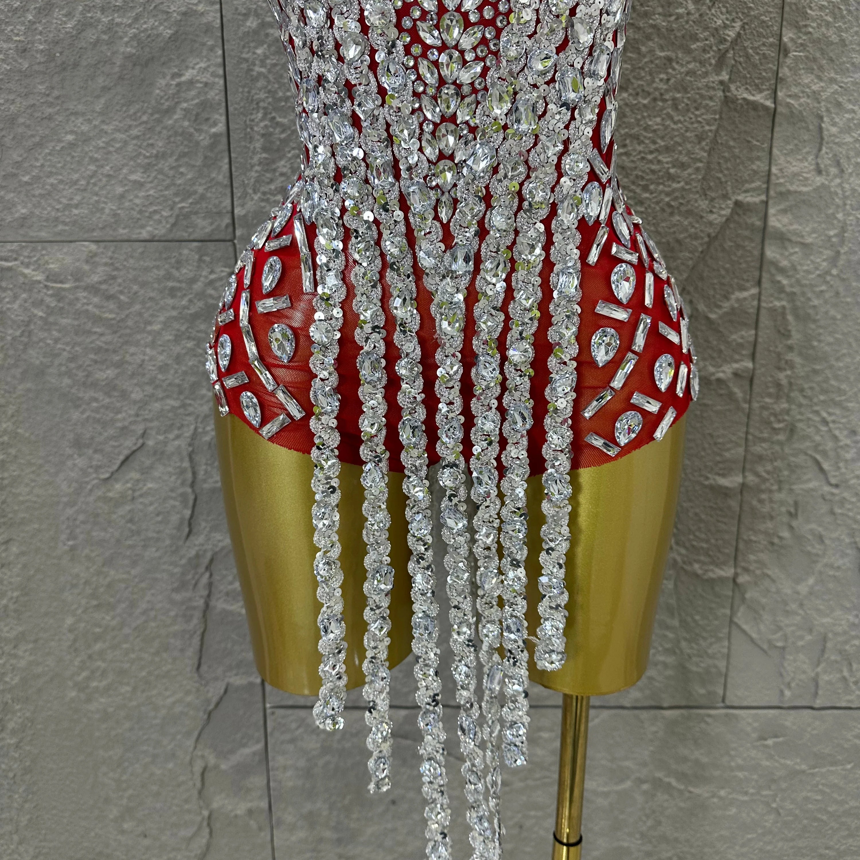 Sexy Sheer Mesh Bodysuit Women Spaghetti Strap V-Neck Full Crystal Embellished Fringe Bodycon Outfit Stage Performance Costume