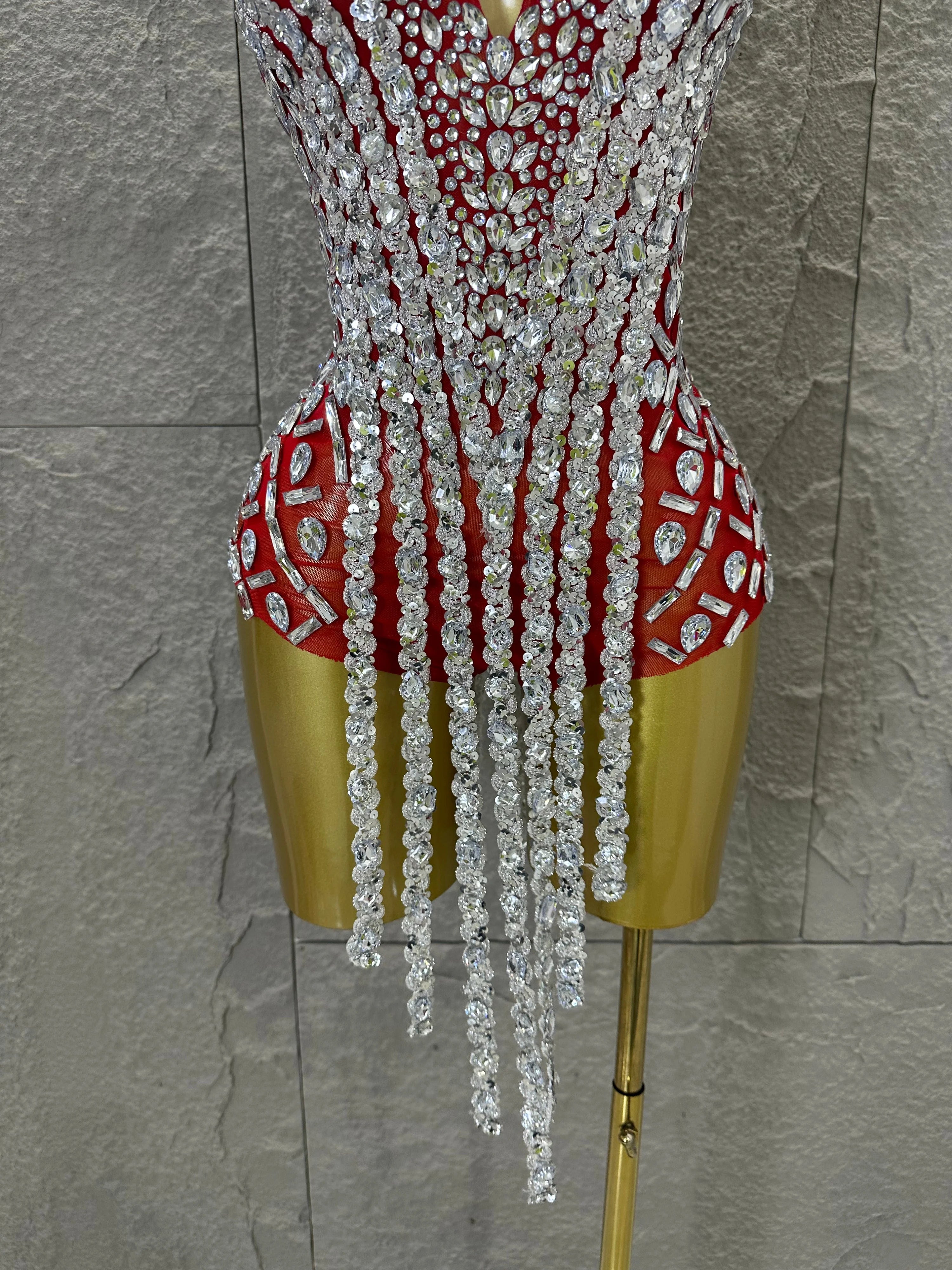 Sexy Sheer Mesh Bodysuit Women Spaghetti Strap V-Neck Full Crystal Embellished Fringe Bodycon Outfit Stage Performance Costume