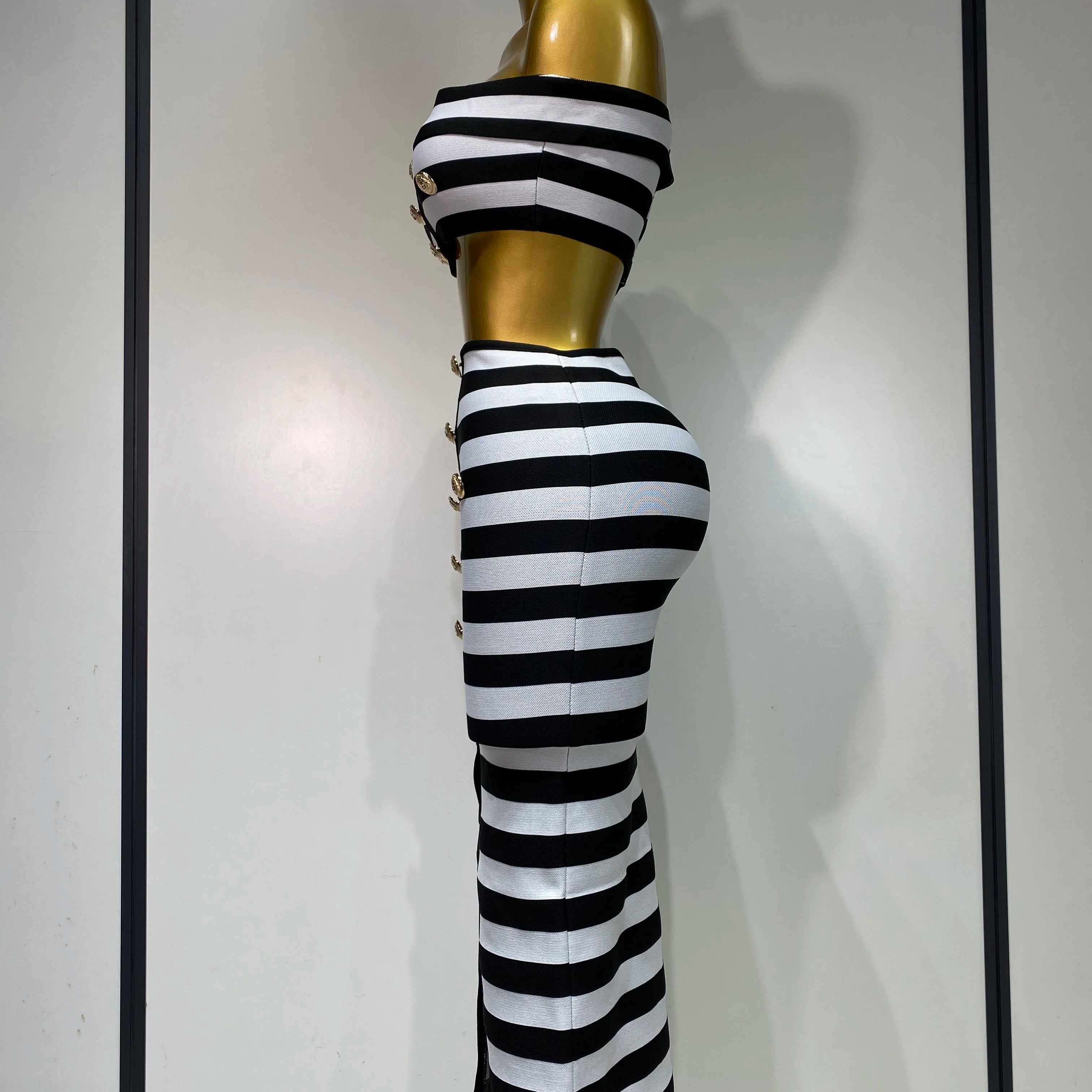 Women Sexy Off Shoulder Striped Button Two Piece Mini Bandage Set 2025 Celebrity Designer Evening Party Luxury Birthday Outfit