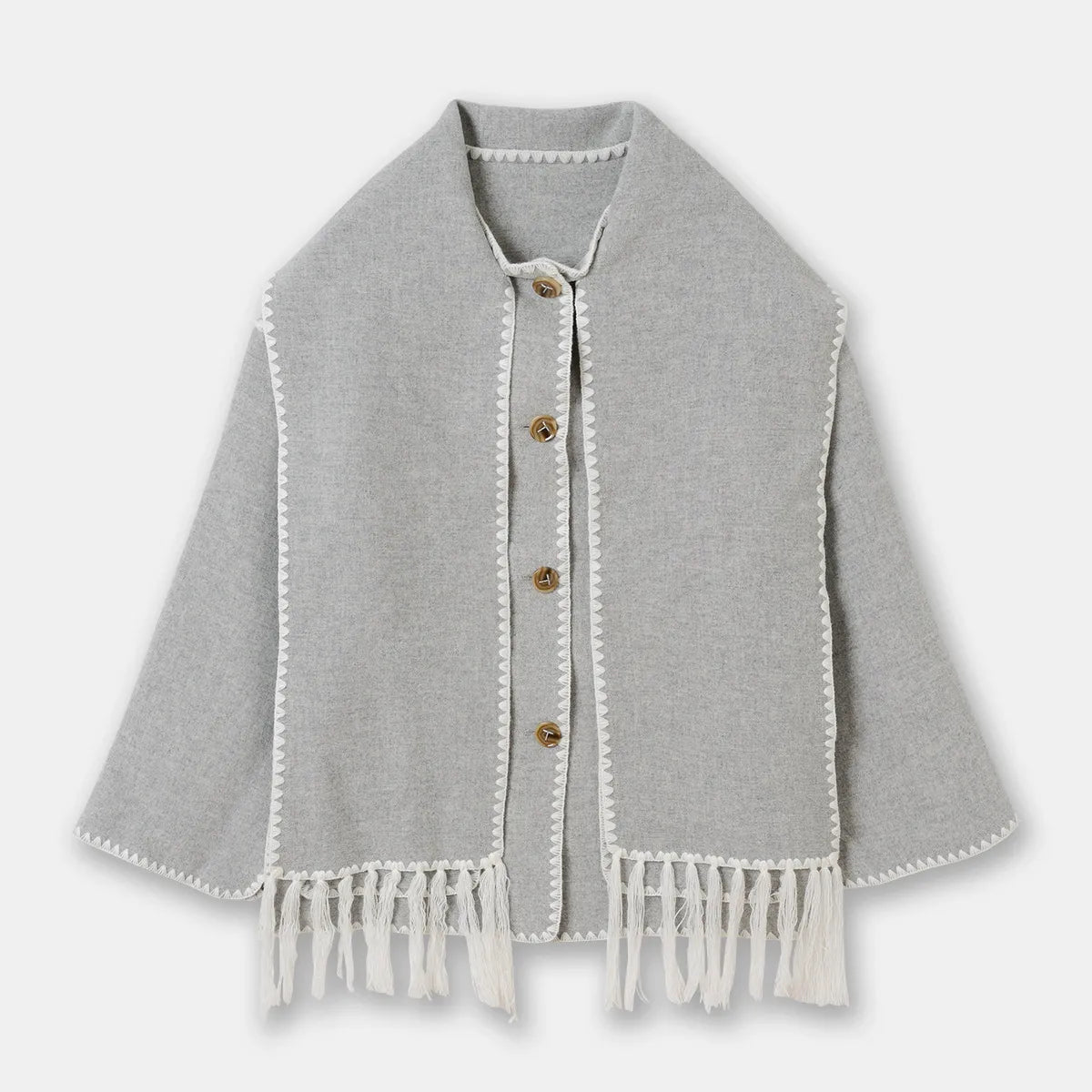 Women Woolen Coats with Tassel Scarf Autumn Winter Long Sleeve Single Breasted Warm Jackets Embroidery Pocket High Street Tops Gray