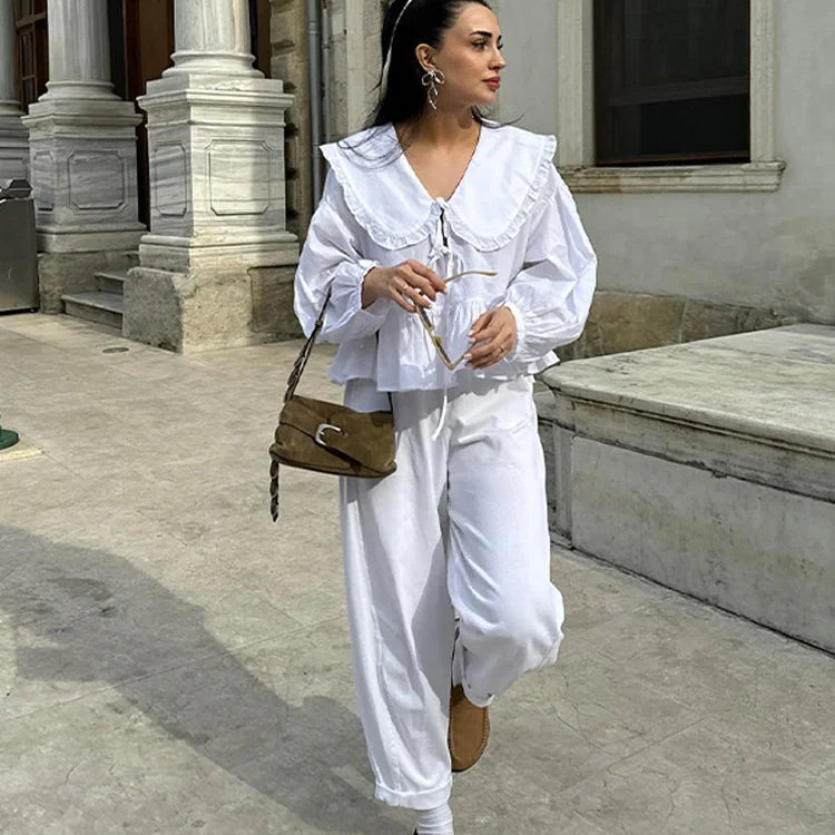 Chic Lace Up Pleated Women Shirts Blouses Lantern Sleeve White Female Streetwear Loose Spring Summer Lapel Elegant Lady Top