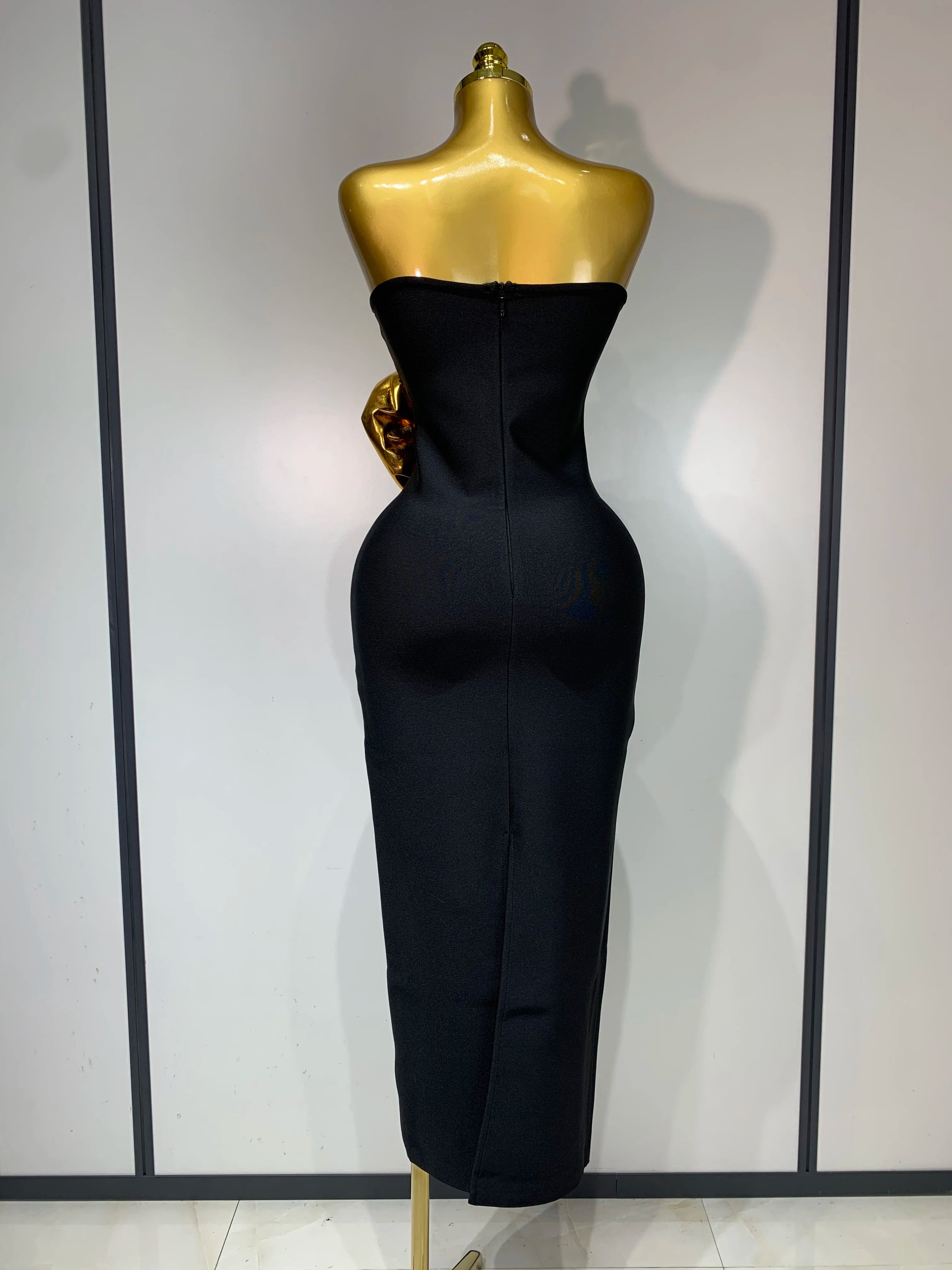 Women Luxury Bandage Bodycon Dress Designer Strapless Gold Appliques Ankle Length Elastic Celebrity Elegant Evening Party Gowns