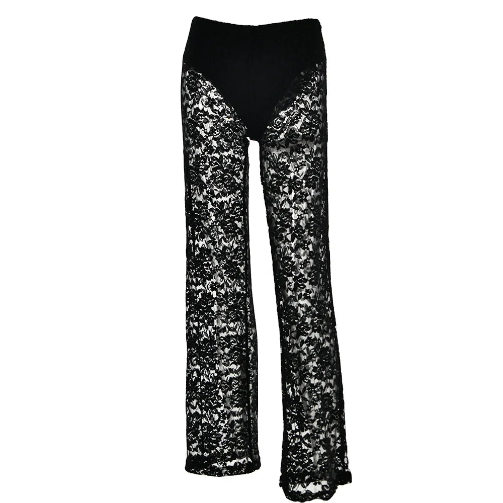 Women Clothing Lace Pant Summer New Female Sexy Club Hollow Out White Black High Waist Long Trousers Fashion Streetwear W2304005black
