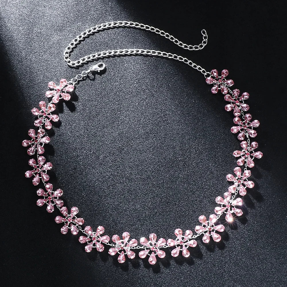 Fashion Pink Crystal Flowers Choker Necklace Statement Accessories Fashion Women Rhinestone Collar Necklace Clavicle Jewelry INS Pink