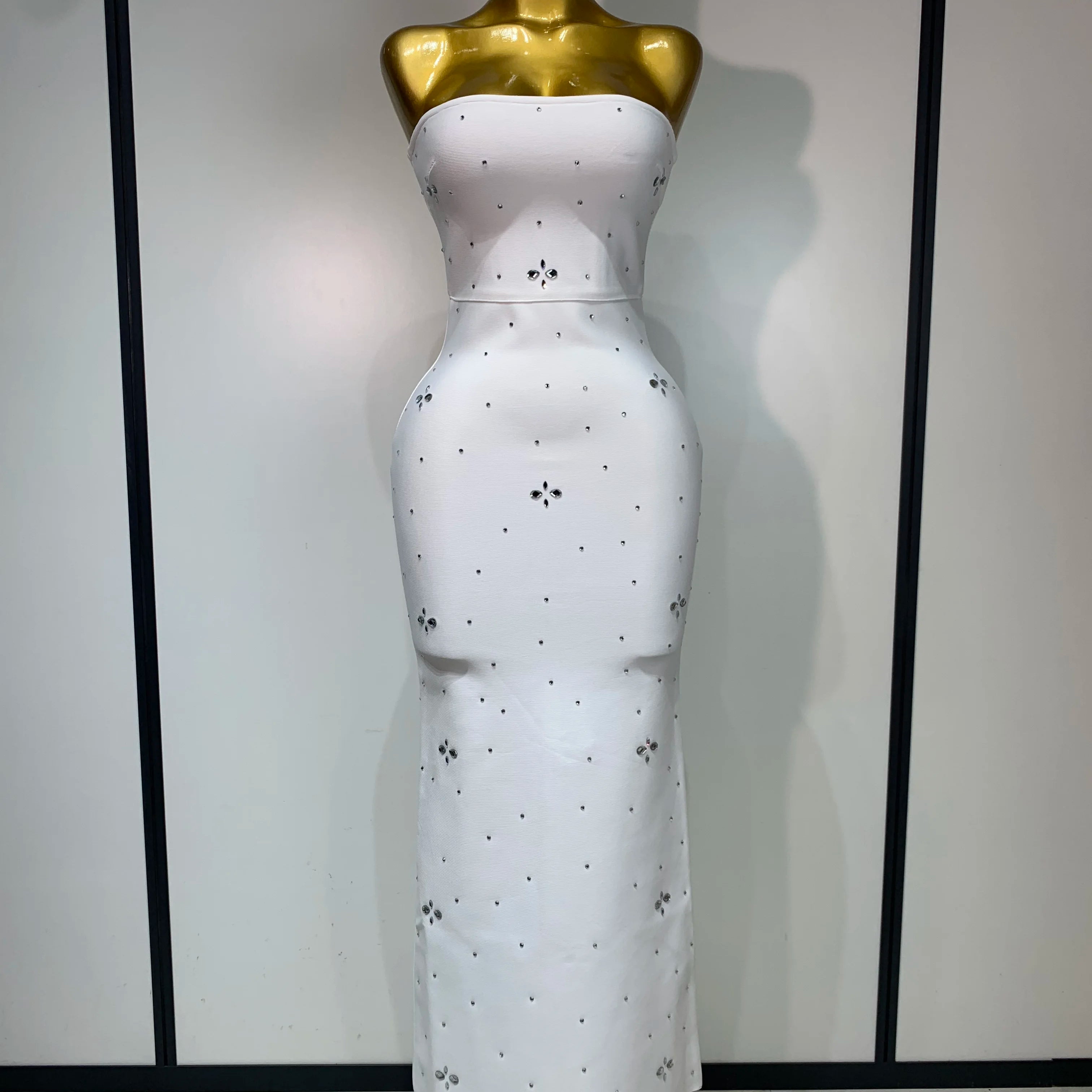 Luxury Rhinestone Sexy Strapless Backless Long Bodycon Bandage Dress 2025 White Elegant Evening Party Birthday Club Dress WHITE