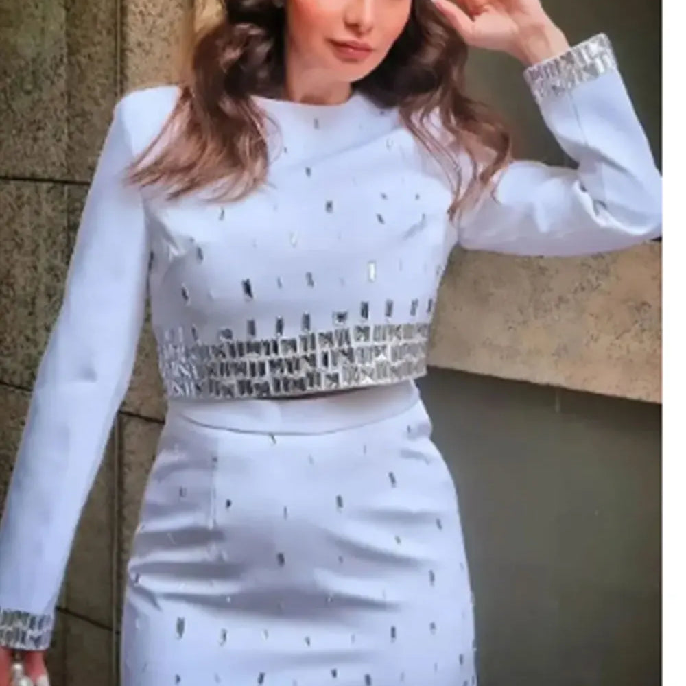 2025 Women's Wear Heavy Industry Beaded Design Mini Skirt Sets Standing Neck Long sleeved Short Top+Short Skirt Two piece Set