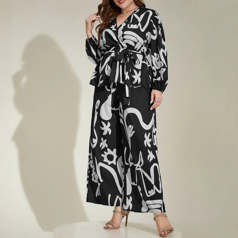 Plus Size Rafiah Women's Summer Sets 2025 Daily Long Sleeve V-Neck Top Full Length High Waist Pants Full Print Casual Sets